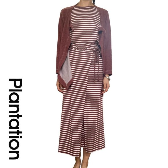 plantation issey miyake striped burgundy top wrap skirt & sweater 3 piece set